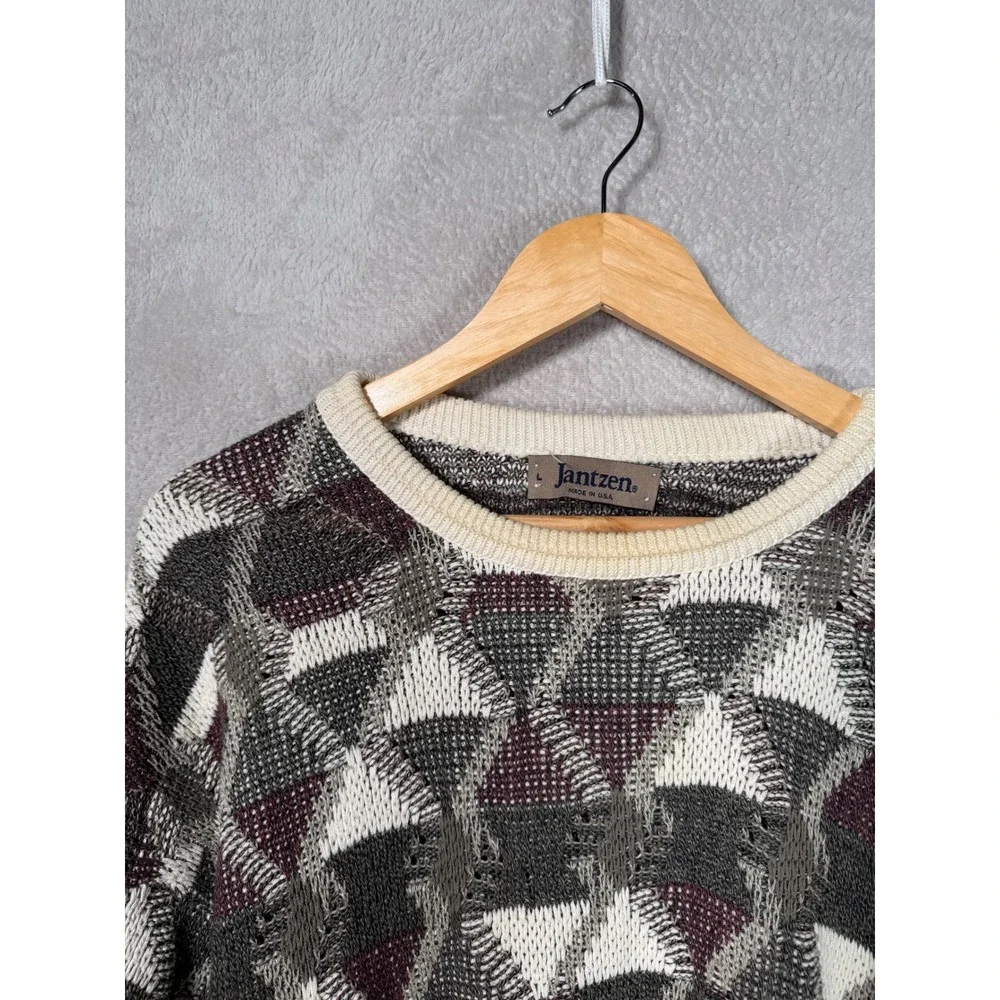 Vintage Jantzen Mens Geometric Intarsia Knit Sweater Grey Burgundy Made in USA L